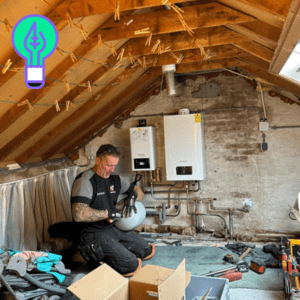 een man monteert een warmtepomp op een zolder